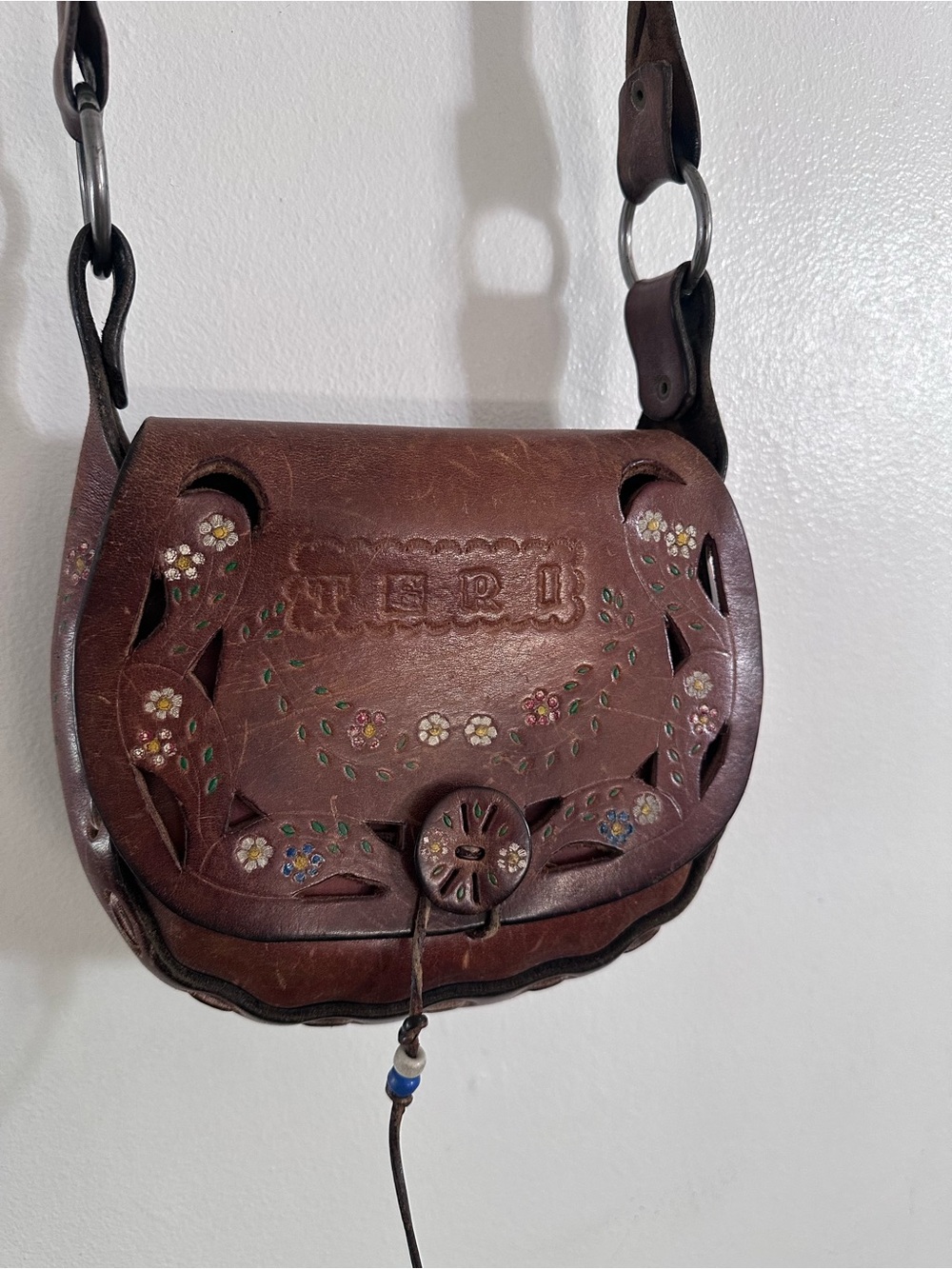 Vintage 70s Tooled Leather Saddle Bag Personalized TERI Boho Hippie Crossbody